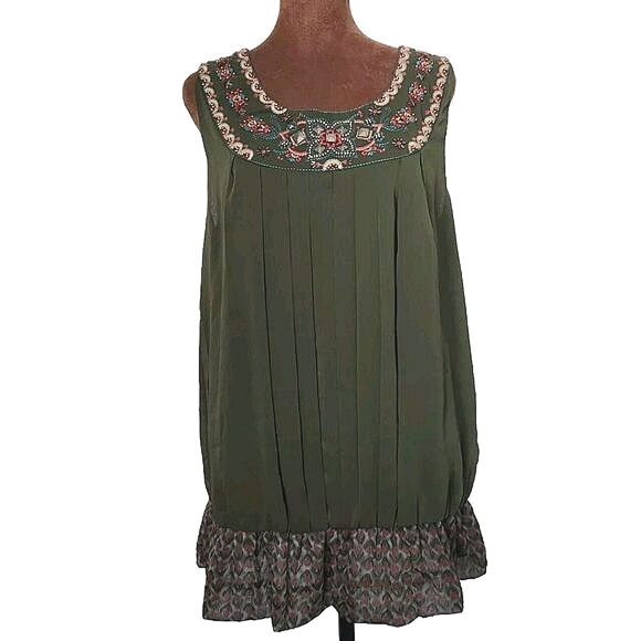 NWT Lulumari Tunic Blouse Size L Green Beaded Bohemian‎ Top Ruffle Hem - Picture 1 of 7
